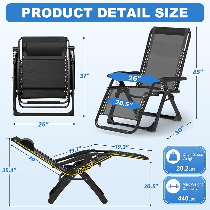 Slendor Zero Gravity Chair, Zero Gravity Lounge Chair with Upgraded Lock and Removable Cushion, Reclining Camping Chair with Cup Holder, Folding Recliner for Indoor and Outdoor, Black