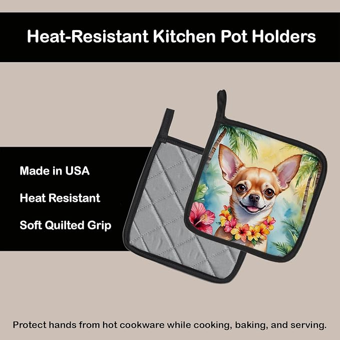 Caroline's Treasures Chihuahua Luau Pair of Pot Holders Kitchen Heat Resistant Pot Holders Sets Oven Hot Pads for Cooking Baking BBQ, 7 1/2 x 7 1/2