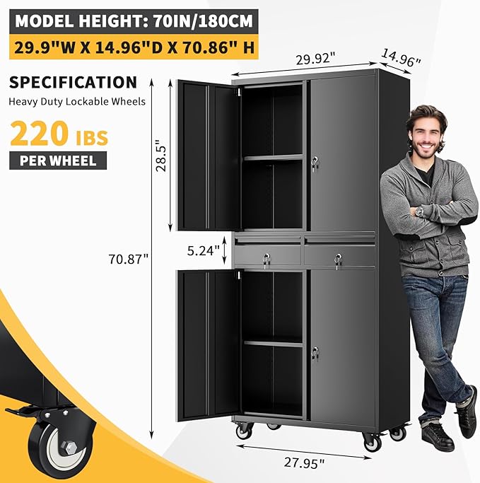 PioneerWorks 73" Metal Storage Cabinet w/Locking Doors | Adjustable Shelves + 2 Drawers | Robust Utility Storage for Garage Organization-Dark Black with Legs