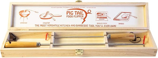 Jaccard Original Combo Pack with Wooden Gift Box, 12"/19", PigTail Food Flipper, Stainless Steel