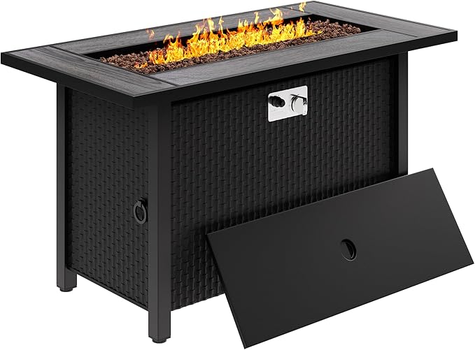 45in Fire Table, Propane Fire Pit with Red Lava Rocks and Rain Cover, Outdoor Firepit Table with Tile Top 50000 BTU 2-in-1 Fire Table for Patio/Yard/Balcony, Gray Tabletop