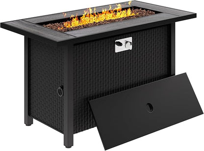 45in Fire Table, Propane Fire Pit with Red Lava Rocks and Rain Cover, Outdoor Firepit Table with Tile Top 50000 BTU 2-in-1 Fire Table for Patio/Yard/Balcony, Gray Tabletop