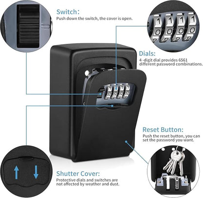 Key Lock Box,4 Digit Combination Weatherproof Lockbox for Outside House,5 Keys Large Capacity Lockbox,Key Safe Security Storage Lock Box with Resettable Code for Indoor Outdoor Garage(2 Pack, Black)