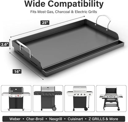 25"x16" Nonstick Cast Iron Griddle for Gas Grill - 23lb Heavy Duty - Universal Flat Top with Reinforced Ridges & High Sidewalls, Fits Gas/Charcoal Grills (Weber, Charbroil, Nexgrill)