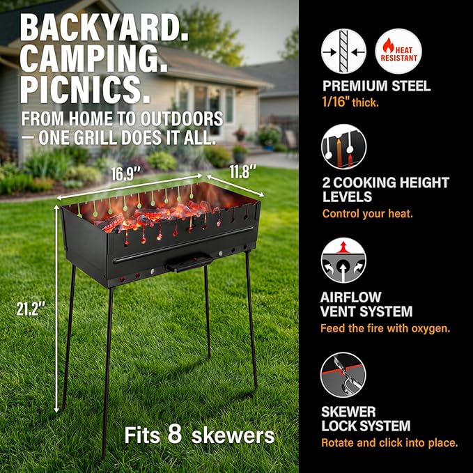 Charcoal Grill for 8 Skewers - Portable Barbecue 16.9"×11.8"×21.2" Kabob Camp Grills - Foldable Metal Mangal - Kebab Shish - BBQ for EDC Picnic Outdoor Cooking Camping Hiking (Skewers Not Included)