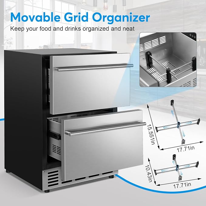 24" Undercounter Beverage Cooler, Outdoor Stainless Steel Drawer Fridge | Temp control, Outdoor patio garage bar, Home kitchen commercial, Rustproof stainless steel, Energy efficient, Digital display