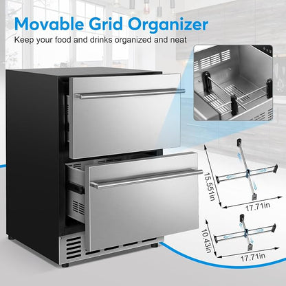 24" Undercounter Beverage Cooler, Outdoor Stainless Steel Drawer Fridge | Temp control, Outdoor patio garage bar, Home kitchen commercial, Rustproof stainless steel, Energy efficient, Digital display