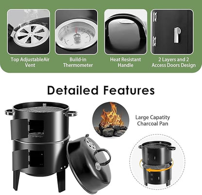 16.5-Inch Vertical Charcoal Smoker, Heavy Duty Round Multi-Layer BBQ Grill with Thermometer for Smoking Meats (Black)