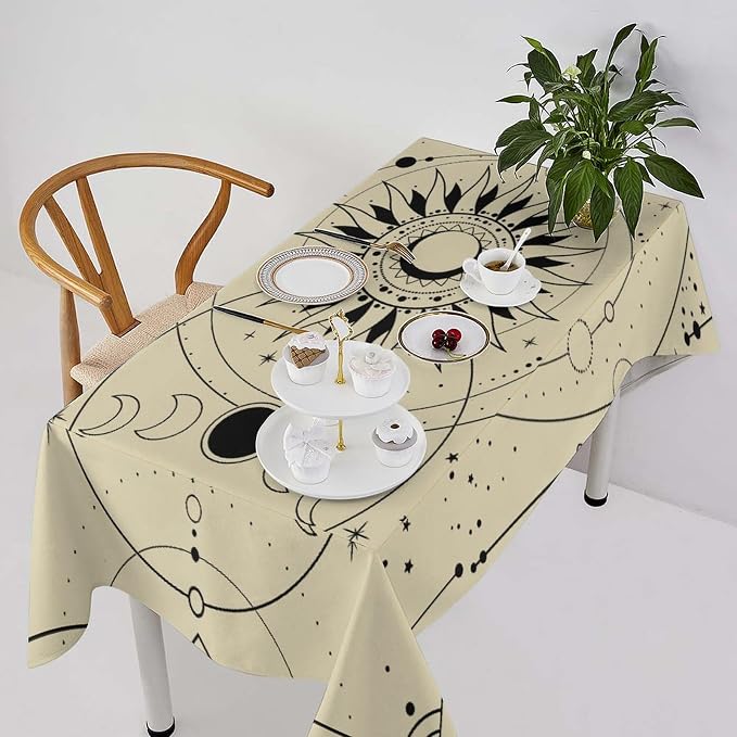 Vintage Tarot Moon Sun Tablecloth Moon Phase Star Galaxy Space Esoteric Astrology Table Cloth Water Resistant Wipeable Table Cover for Farmhouse Picnic Party Holiday Kitchen Dinner Table 55"x75"