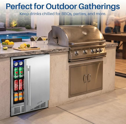 24 Inch Outdoor Beverage Refrigerator Holds Up to 180 Cans for Soda, Beer, Built-In or Freestanding Outdoor Fridge with Stainless Steel Door for Outdoor Kitchen, Patio, Home Bar