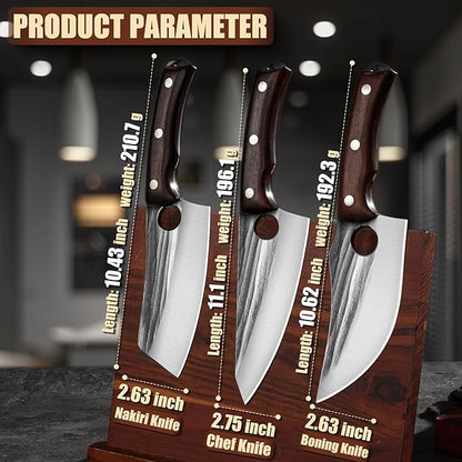DRGSKL Kitchen Knife Set, Hand Forged Chef Knife Set with Full Tang Wood Handle, High Carbon Steel Butcher Knife Set for Meat Cutting Cleaver Knife Set for Vegetables Camping BBQ Ideal Gifts