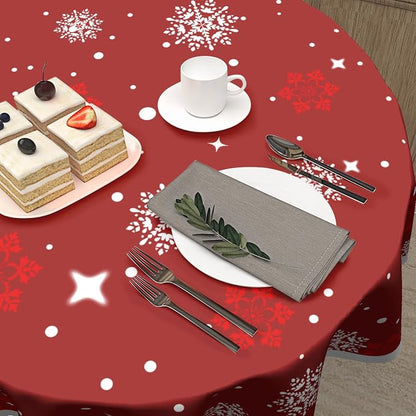 Sweetshow Xmas Table Cloth Round Winter Red White Snowflake Stars Tablecloth 70 Inch Decor Washable Stain and Wrinkle Resistant Round Table Cover for Dining Picnic