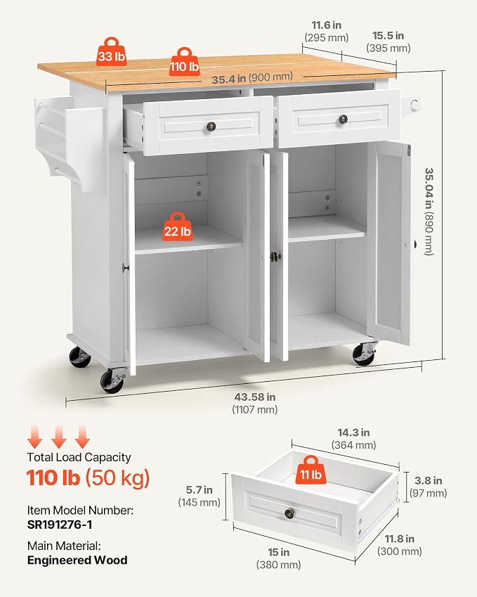 VEVOR Kitchen Island Cart with Storage, 43.58 in Wide Mobile Rolling Storage Island on Swivel Wheels, with 2 Drawers, Storage Cabinet, Drop Leaf, Spice/Towel Rack, Table for Home Dining Room, White