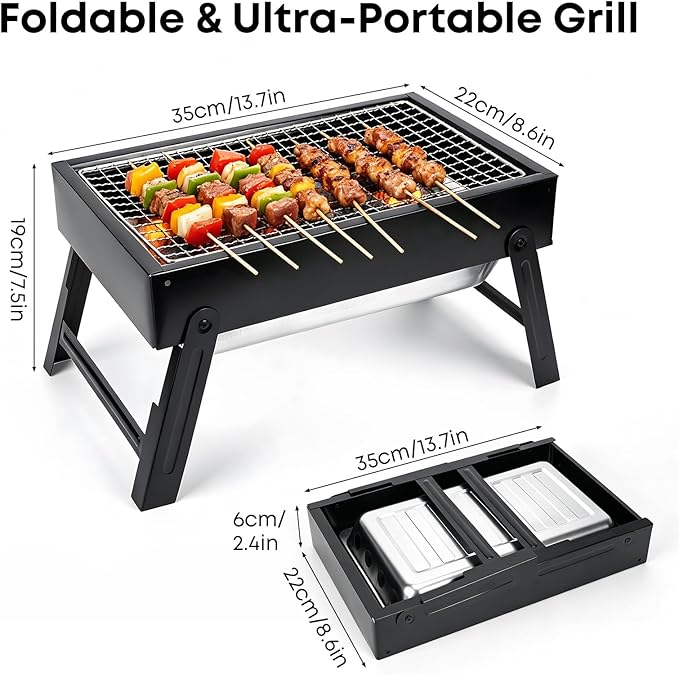 Portable Folding Charcoal Grills, 13.7“x8.7"7.5" Small Camping Campfire Grill, Barbecue Grill for Outdoor Travel Backyard Picnic Beach, with 8-Piece BBQ Accessories