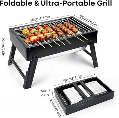 Portable Folding Charcoal Grills, 13.7“x8.7"7.5" Small Camping Campfire Grill, Barbecue Grill for Outdoor Travel Backyard Picnic Beach, with 8-Piece BBQ Accessories