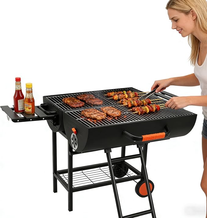Barrel Barbecue Charcoal Grill 871 Square Inches Cooking Area Outdoor BBQ Grill with 2 Foldable Side Tables Charcoal Barrel Grills for Patio Backyard Camping Picnics Tailgating Parties
