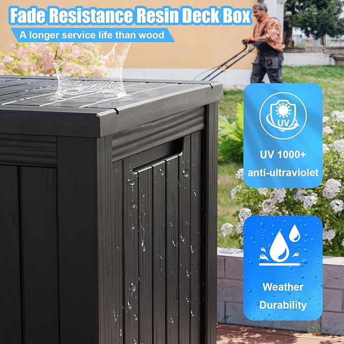 PatioZen 200 Gallon Deck Box,Resin Outdoor Storage Box with Lockable for Patio Furniture, Pool Accessories, Garden Tools Waterproof Outside Storage Box (Black)