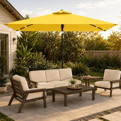 6.5 x 10ft Rectangular Patio Umbrella with Solar Lights, 16 LED Lighted Market Umbrella with Push-Button Tilt and Crank, 6 Sturdy Iron Ribs for Garden, Deck, Pool, Sunshine Yellow