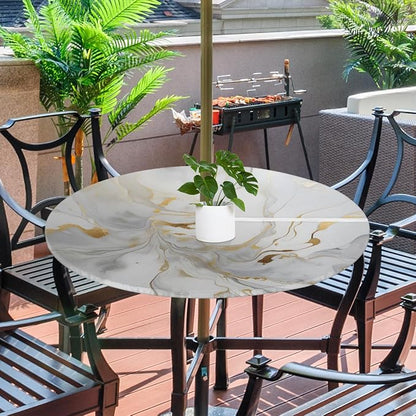 Fitted Round Tablecloth with Umbrella Hole and Zipper Marble Liquid Texture Outdoor Elastic Table Cloth 45"-56" Oil-Proof Waterproof White Gold Marble Patio Table Cover for Party Outdoor