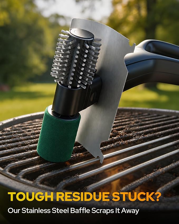 Cordless Electric Grill Brush, BBQ Grill Cleaner with 800RPM High-Speed Motor, 25kgf High Torque, 3500mAh Rechargeable Battery, 180-Min Runtime, 2 Replaceable Brush Heads, LED Light & Scraper