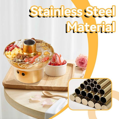 Portable Charcoal Hot Pot, Stainless Steel Round Dry Ice Pot for One Person, Milk Tea Hot Pot for Camping Office Hotel Home Compatible with Induction Gas Electric Ceramic Stove Top (Gold, 9.1 inch)