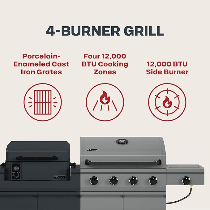 Tytus Anaheim 4-Burner Gas Grill with Prep Cart and Pellet Smoker Grill + Cover - Modular Outdoor Kitchen, Quick Assembly, Outdoor Cooking, Kitchen Island for BBQ
