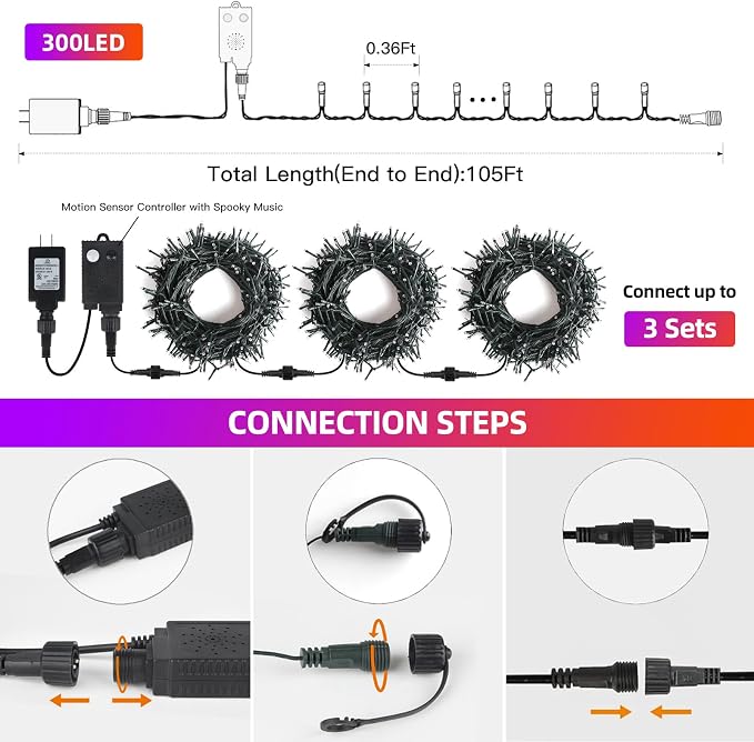 Halloween Lights, 105FT 300 LED Halloween String Lights | With Spooky Music Twinkle Waterproof Purple Orange Light Plug in for Indoor Outdoor Tree Party Yard Room Decor