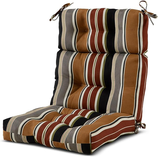 Outdoor Tufted High-Back Chair Cushions, One-Piece Hinged Seat and Back Design, Reversible with 4 Ties, Durable Polyester Fabric, Recycled Fiber Fill - Single, Brick Stripe