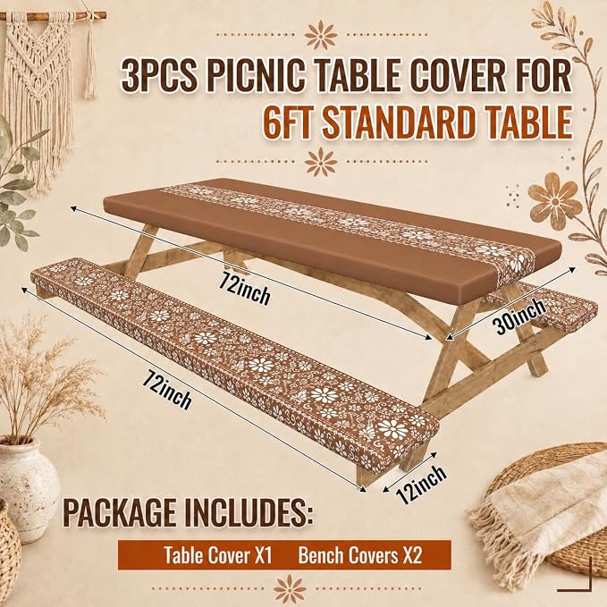 Cinrobiy 3PCS Picnic Table Cover Set with Bench Covers Fitted Waterproof Outdoor Tablecloth Mexican Fiesta Cinco De Mayo Party Camping Picnic Table Decoration Set 72 x 30 Inch