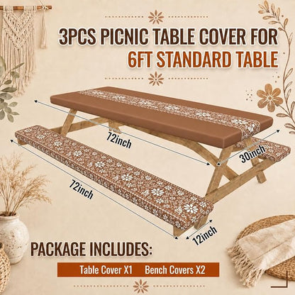 Cinrobiy 3PCS Picnic Table Cover Set with Bench Covers Fitted Waterproof Outdoor Tablecloth Mexican Fiesta Cinco De Mayo Party Camping Picnic Table Decoration Set 72 x 30 Inch