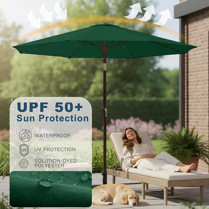 9' Solar LED Patio Umbrella with Tilt & Crank|8 Sturdy Ribs,UV Protection,Outdoor Market Table Umbrella for Deck,Lawn,Pool,Backyard(Dark Green)