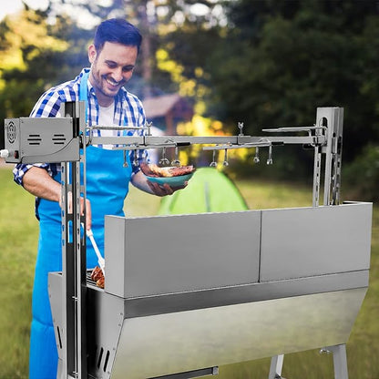 Rotisserie Grill Charcoal Spit Roaster, Stainless Steel 37" Pig Lamb Hooded Roaster Charcoal Spit With 25W Motor & Adjustable Height Lockable Casters For Party Barbecue,132 LBS With Baffle
