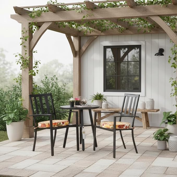 Set of 2 Outdoor 18 inch Round Patio Dining Chair Pads – Comfortable Fiber-Filled Seat Cushions with Ties, Reversible Polyester Fabric - Marisol