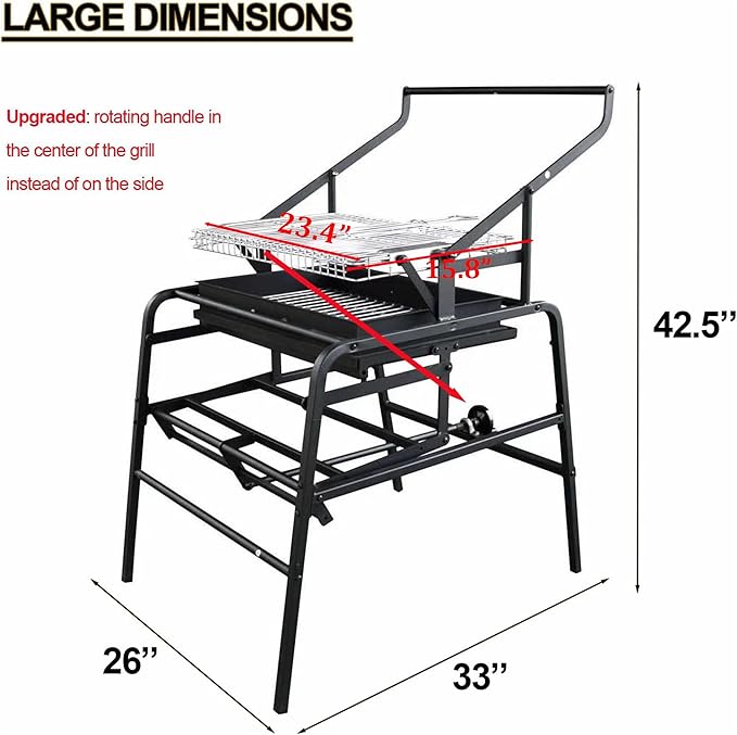 Extra Large Charcoal Grill, 360° Rotating Charcoal Grill, Portable Smoker Stainless Steel Grill With Liftable Charcoal Brazier, Camping Grill