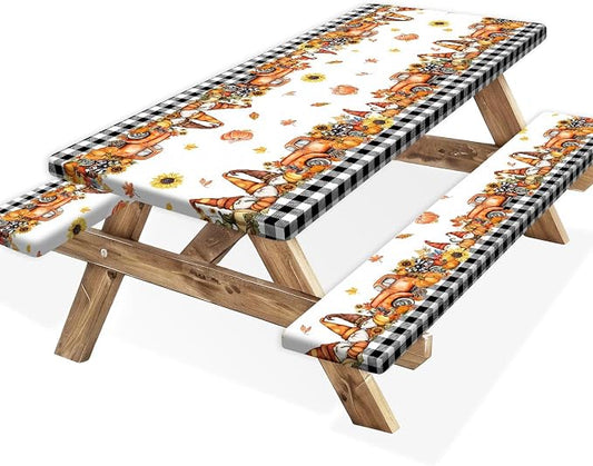 Fall Picnic Table Cover with Bench Covers, Camping Essentials, Buffalo Plaid Thanksgiving Pumpkin Waterproof Windproof, Fitted Tablecloth Cover with Elastic Edge, Indoor & Outdoor, 3 PCS, 30x60 Inch