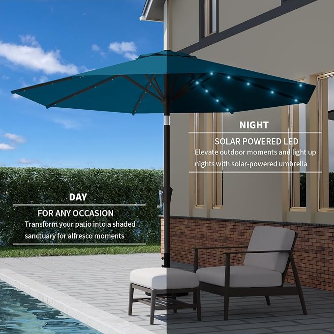 9FT Patio Umbrella with Solar Lights,Outdoor Market Umbrella with Tilt and Crank, LED Lighted Table Umbrella for Garden,Deck,Backyard,Pool,Beach (Lake Blue)