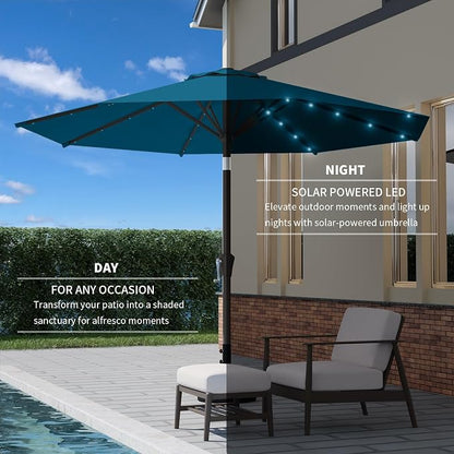 9FT Patio Umbrella with Solar Lights,Outdoor Market Umbrella with Tilt and Crank, LED Lighted Table Umbrella for Garden,Deck,Backyard,Pool,Beach (Lake Blue)