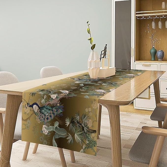 Peacock Table Runner Asian Chinese Traditional Birds Herons Peonies Flowers Dinner Runner Table Decoration for Home Kitchen Dining Table Party Decoration 13x60in