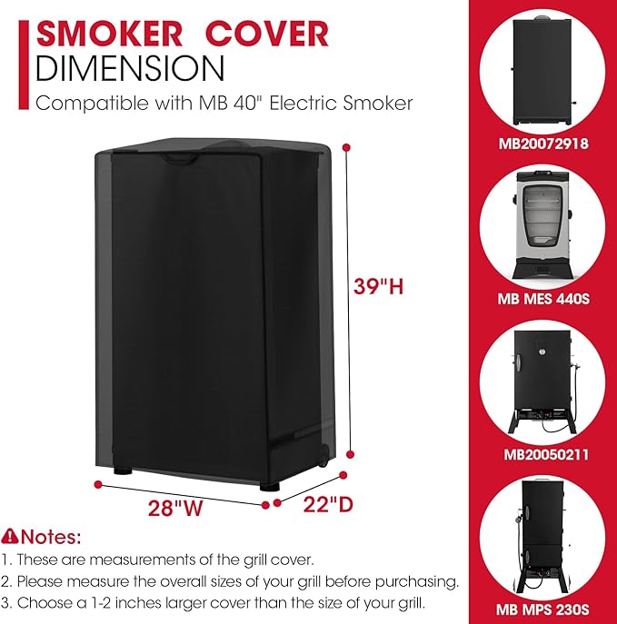 Unicook Electric Smoker Cover for Masterbuilt 40 Inch Smokers, Outdoor Vertical Digital BBQ Cover, Unique Waterproof Vinyl Exterior with Polyester Lining, 28" W x 22" D x 39" H