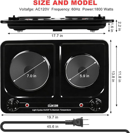 Double Burner Electric Hot Plate, 1800W Cast Iron Heating with Adjustable Temperature Control, Stainless Steel Body for Home, Dorm & Commercial Use