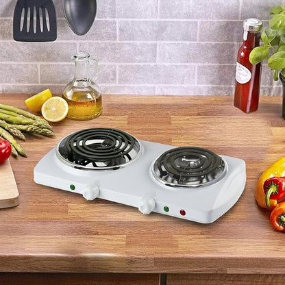 Electric Double Burner Hot Plate – 1500W Portable Countertop Cooktop with Adjustable Heat, Compact Lightweight Design, White