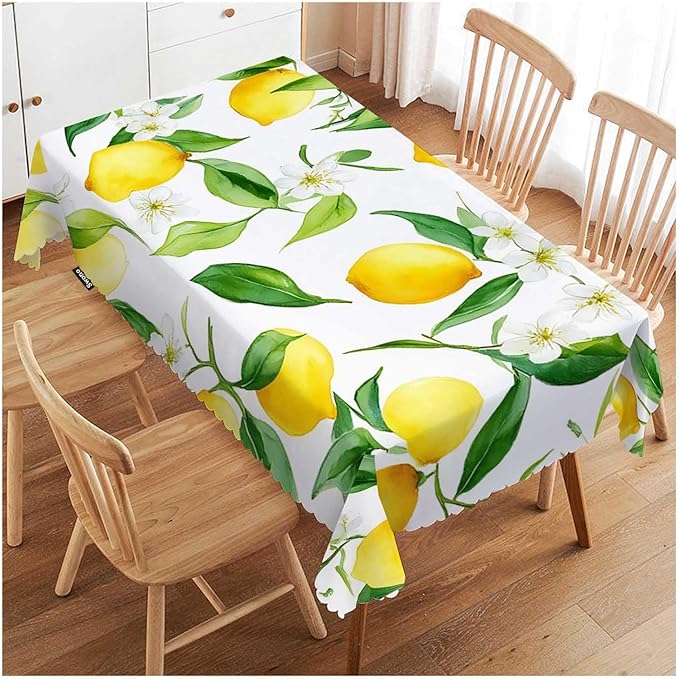 Swono Lemon Table Cloth Rectangle Tables Fruits Lemon Leaves Floral Kitchen Table Cover Oblong 52"X70" Tablecloth for Dining Table Buffet Parties Patio and Camping, Yellow Green