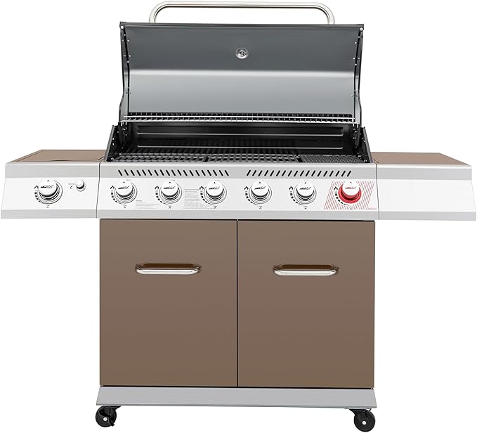 Royal Gourmet GA6402C 6-Burner Propane Gas Grill with Sear Burner and Side Burner, 74,000 BTUs, Cabinet Style Outdoor BBQ Grill for Barbecue Grilling & Backyard Cooking, Coffee