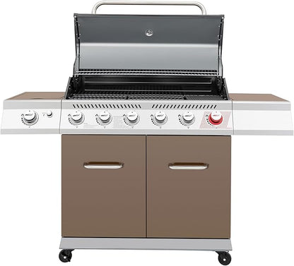 Royal Gourmet GA6402C 6-Burner Propane Gas Grill with Sear Burner and Side Burner, 74,000 BTUs, Cabinet Style Outdoor BBQ Grill for Barbecue Grilling & Backyard Cooking, Coffee