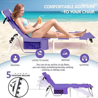 Tanning Chair with Face Hole, Adjustable Folding Chaise Lounge Chairs for Outside with Detachable Pillow & Pocket，Portable flat beach chairs for sunbathing, beach lawns camping (Purple, Oversized)