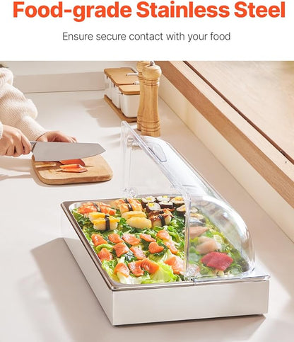 VEVOR Countertop Food Serving Display Container, 1 x 1 Pan Stainless Steel Food Serving Tray, Buffet Condiment Dispenser Display Rack with Clear Lid & 3 Ice Trays, for Restaurant Hotel Kitchen Party