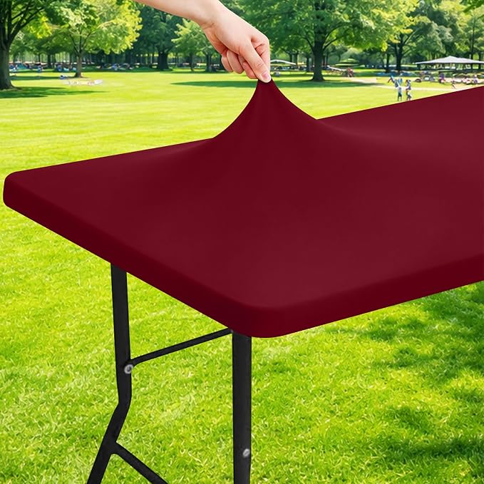 Moosfor Spandex 4 Foot Rectangle Table Cloth, Elastic Fitted Tablecloths for Picnic, Stretch Washable Patio Table Cover for Outdoor, Camping, Banquet and Parties (Wine Red, 24"x48")