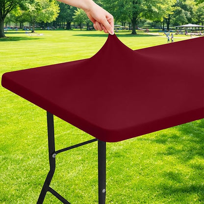 Moosfor Spandex 4 Foot Rectangle Table Cloth, Elastic Fitted Tablecloths for Picnic, Stretch Washable Patio Table Cover for Outdoor, Camping, Banquet and Parties (Wine Red, 30"x48")