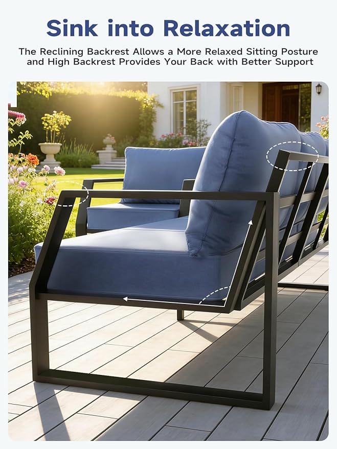 Oversized Modern Outdoor Patio Furniture Set with 5" Thick Cushions, Deep Seats & Wide Armrests, Comfortable Aluminum All-Weather Rustproof UV-Resistant Frame, 4-Seater for Garden, Backyard, Poolside