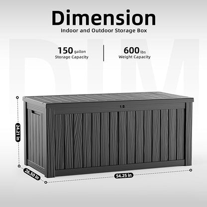 150 Gallon Outdoor Storage Box Waterproof, Resin Lockable Deck Box with Lid, Large Capacity Weatherproof Container for Patio Furniture Pool Accessories, Side Table(Black, 150 Gallon)
